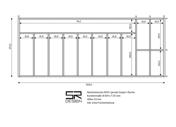 Besteckeinsatz K100 für gerade Zargen. Einzelanfertigung inkl. freier Facheinteilung. Buche.