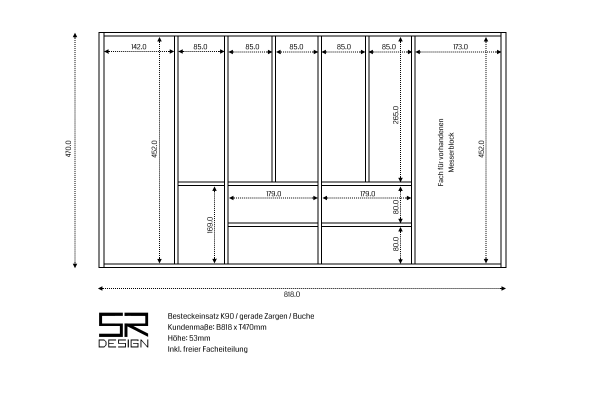 Besteckeinsatz K90 für Schubladen mit geraden Zargen. Einzelanfertigung. Buche.