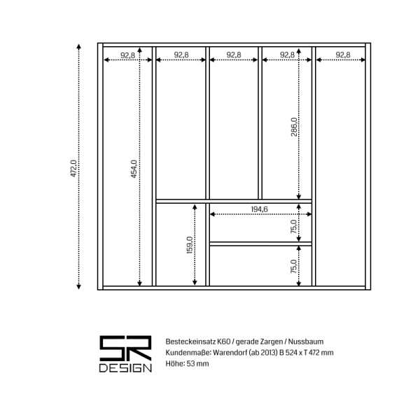Besteckeinsatz K60 für Warendorf Küchen (ab 2013) Nussbaum.
