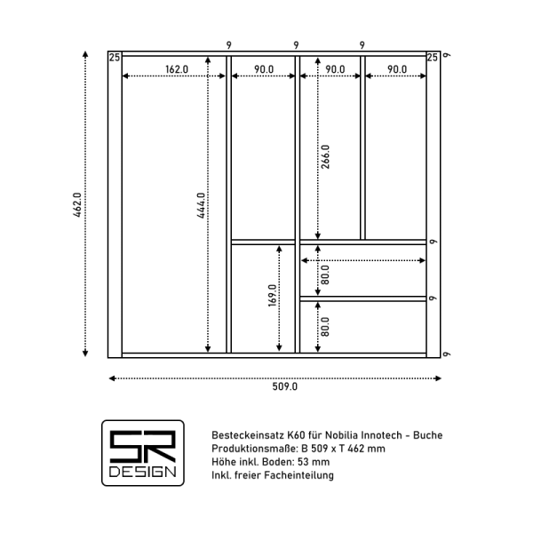 Besteckeinsatz K60 für Nobilia Innotech mit geänderter Facheinteilung. Buche.