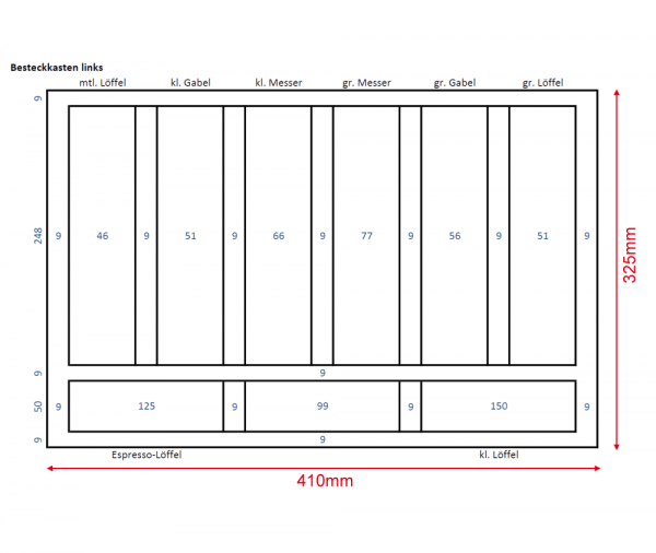 Besteckeinsatz K50 für gerade Zargen. Kundenentwurf "Besteckkasten links". Buche