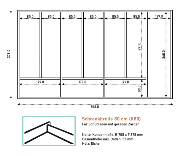 Besteckeinsatz K80 für Schubladen mit geraden Zargen. Einzelanfertigung. Eiche.