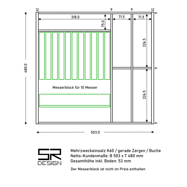 Mehrzweckeinsatz K60 für gerade Zargen. Einzelanfertigung. Buche.