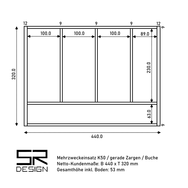 Schubladeneinsatz K50 für gerade Zargen. Einzelanfertigung. Buche.