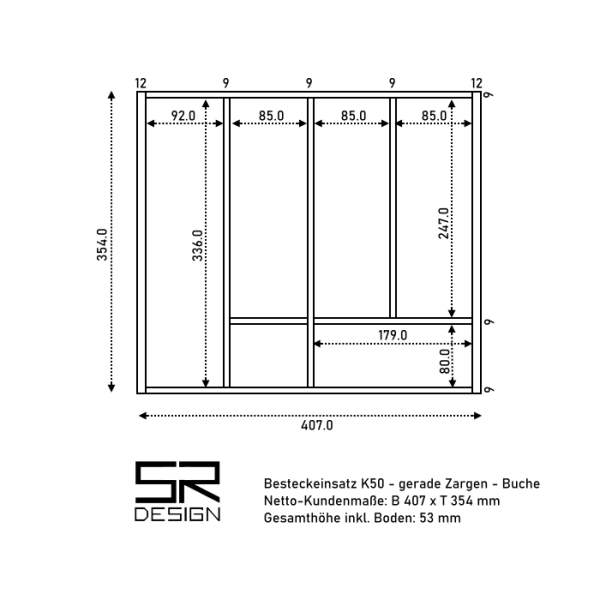 Besteckeinsatz K50 für gerade Zargen. Einzelanfertigung. Buche.
