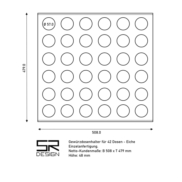 Gewürzdosenhalter K60. Für 42 Dosen. Bohrung: Ø 57 mm. Eiche.