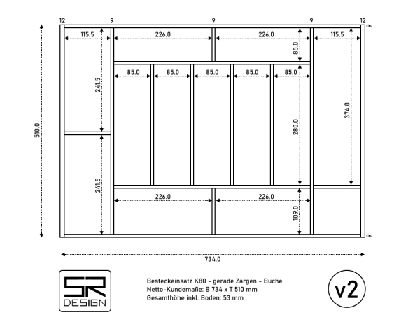 Besteckeinsatz K80 für gerade Zargen. Einzelanfertigung SL001.v2. Buche.