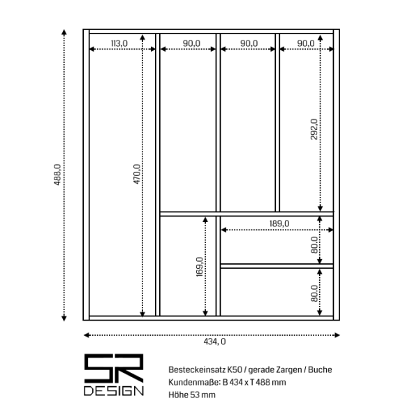 Besteckeinsatz K50 für gerade Zargen. Einzelanfertigung. Buche.