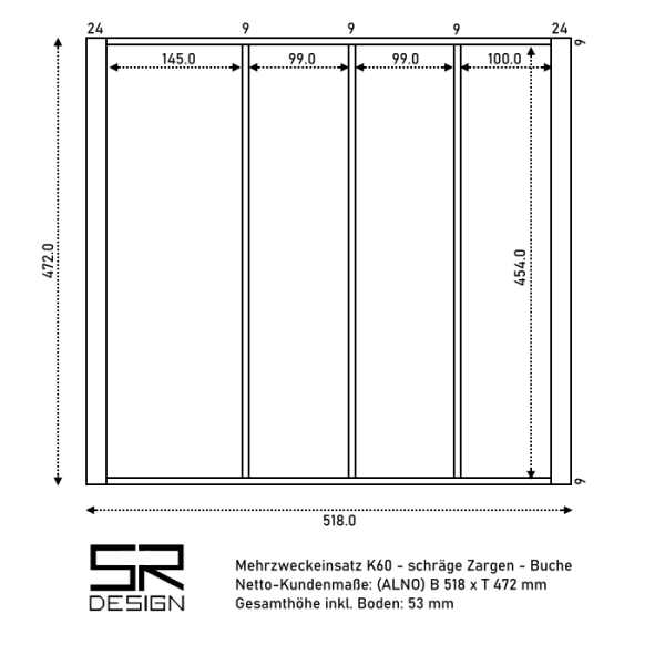 Mehrzweckeinsatz K60 für ALNO Küchen mit 4-Facheinteilung. Buche.