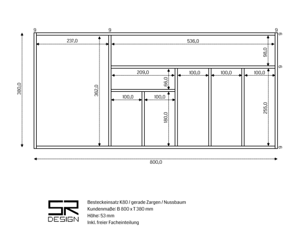 Besteckeinsatz K90 für gerade Zargen. Einzelanfertigung inkl. freier Facheinteilung. Nussbaum.