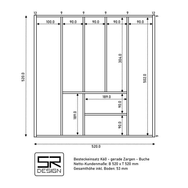Besteckeinsatz K60 für gerade Zargen. Einzelanfertigung. Buche.