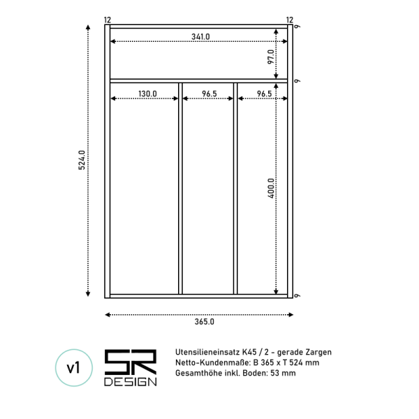 Utensilieneinsatz K45 / 2 für gerade Zargen. Einzelanfertigung.