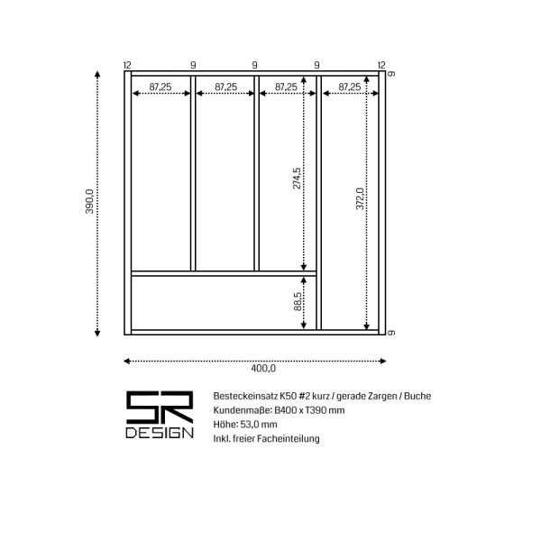 Besteckeinsatz K50 #2 für gerade Zargen. Einzelanfertigung. Inkl. freier Facheinteilung. Buche.