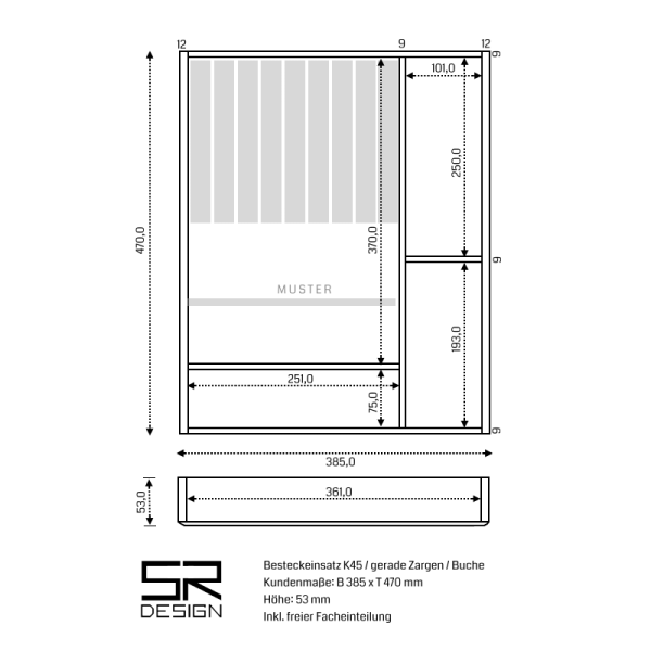 Besteckeinsatz K45 für gerade Zargen. Einzelanfertigung. Buche.