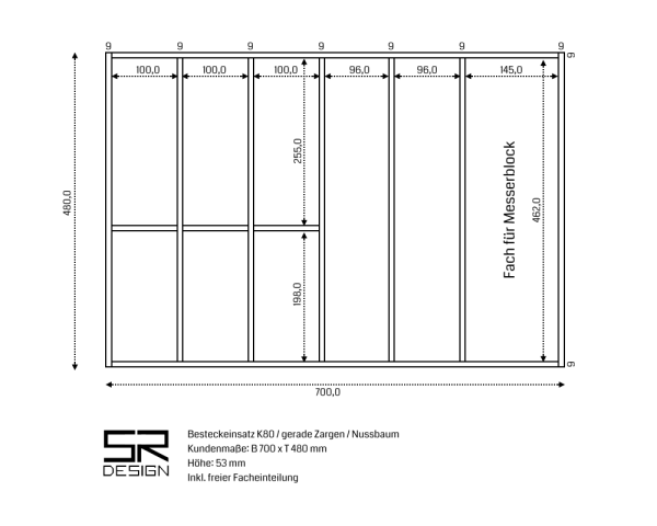 Besteckeinsatz K80 für gerade Zargen. Einzelanfertigung inkl. freier Facheinteilung. Nussbaum.