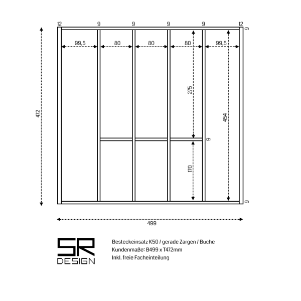 Besteckeinsatz K50 für gerade Zargen. Buche