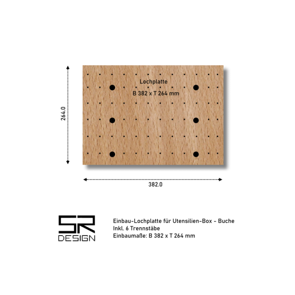 Einbau-Lochplatte für Utensilien-Box KW10834 inkl. 6 Trennstäbe. Buche.