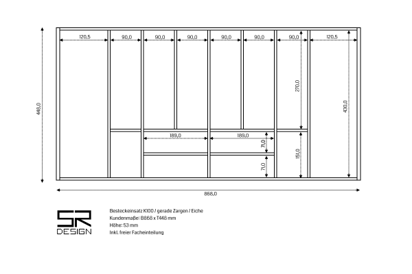 Besteckeinsatz K90 für gerade Zargen. Einzelanfertigung. Eiche geölt