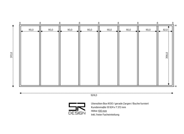 Utensilien-Box K100 mit 8-Facheinteilung. Einzelanfertigung. Buche furniert.