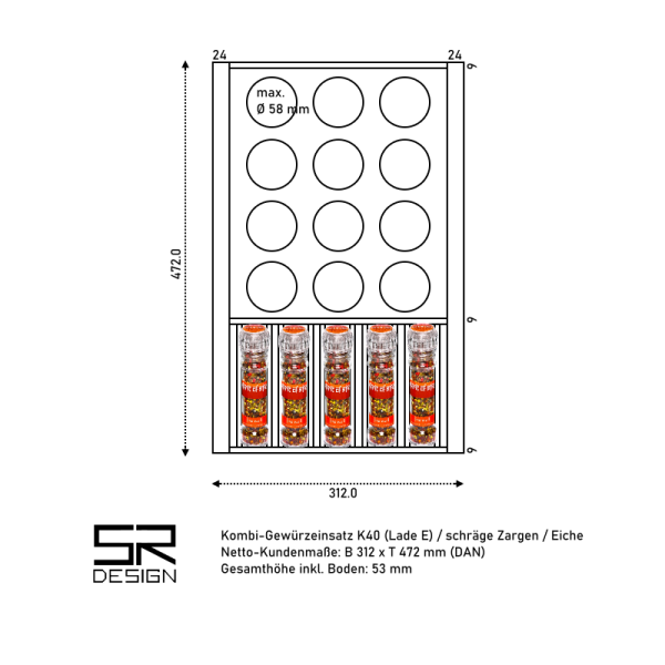 Kombi-Gewürzeinsatz K40 für DAN-Küchen. Eiche.