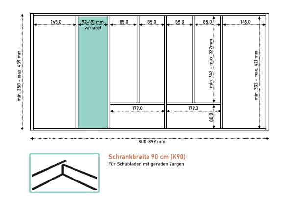 Besteckeinsatz K90 für Schubladen mit geraden Zargen. Eiche.