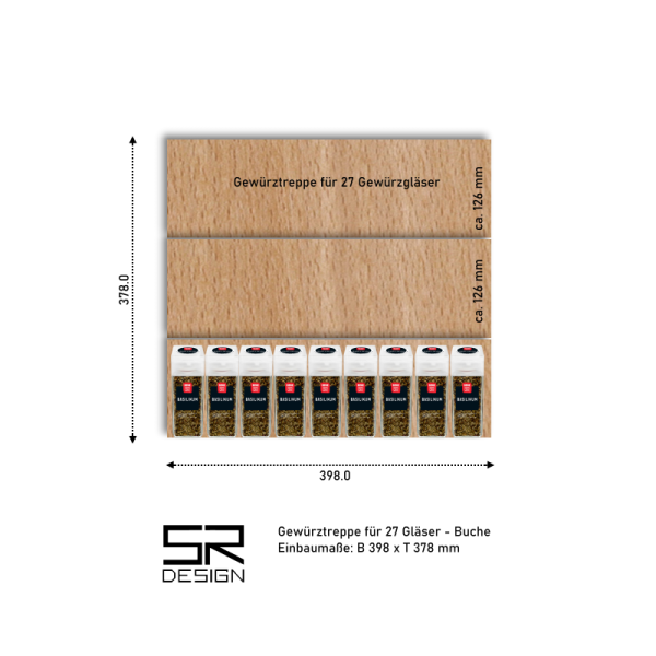 Einbau-Gewürztreppe für 27 Gewürzgläser. Buche.